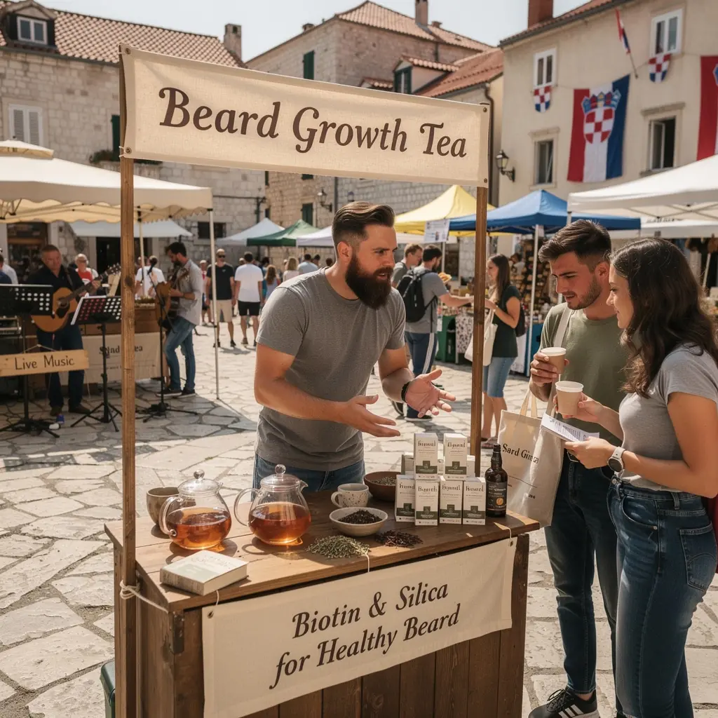 Sastojci čaja raspoređeni na drvenoj površini s biljnim motivima.