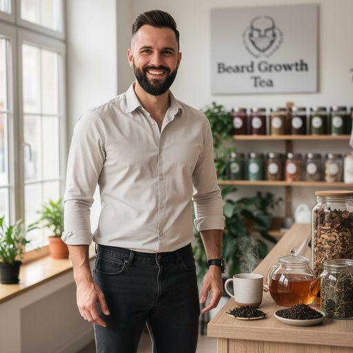 Zadovoljan muškarac s bujnom bradom uživa u šalici čaja.